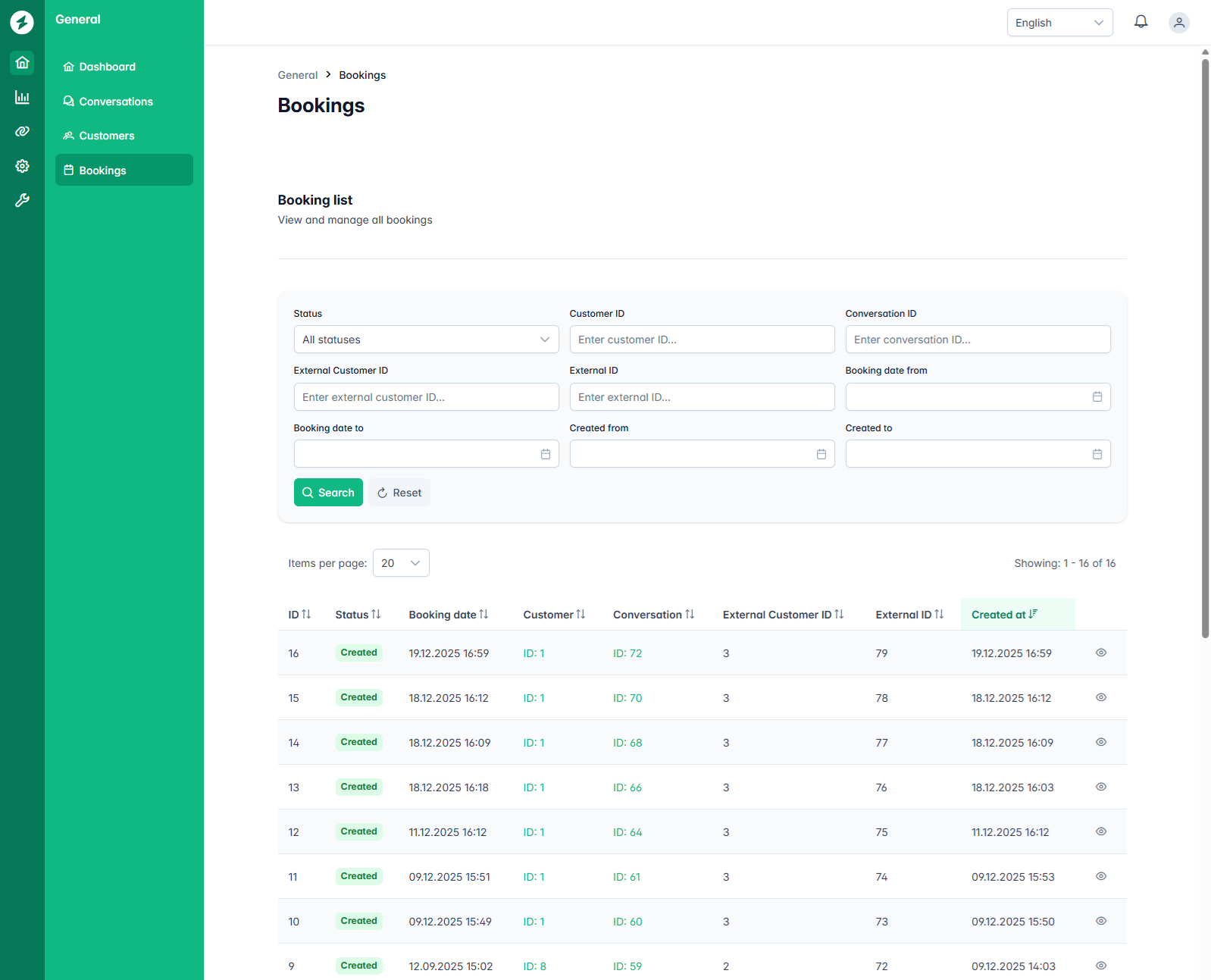 Dashboard - Bookings list view
